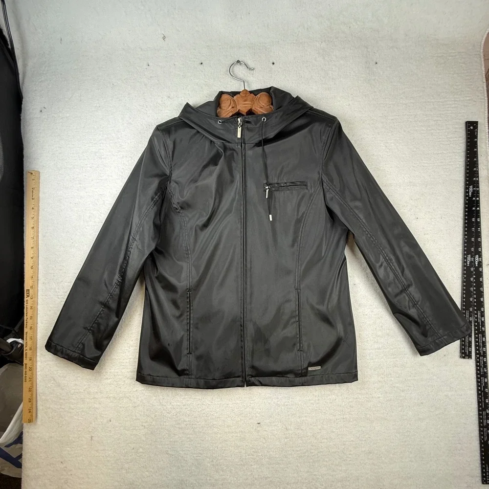 Outbrook Womens Black Hooded Rain Jacket Full Zip Windbreaker L 12/14 gorpcore